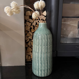 Tall Green Glazed Vase with a cable knit pattern style H37.5cm