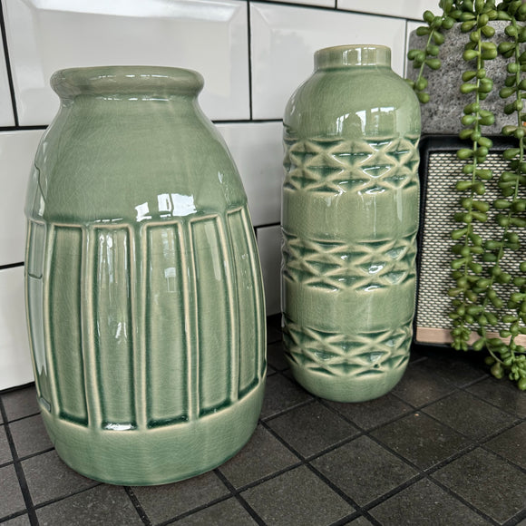 Green Gloss Ceramic Vases decorated with light green effect; Available in 2 styles - Vertical ribbed stripes H15.5cm & Geometric pattern H25.5cm