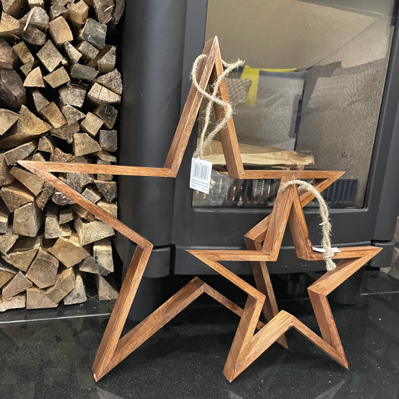 Set of 2 Natural Hanging Wooden Open Stars Large 46cm & Small 30cm