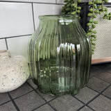 Vintage Green Glass Ribbed D13.8 x H16cm Vase