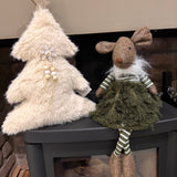 Shelf sitting plush charming Margaret Mouse with dangly green &amp; white striped legs and moss green ruffled skirt 48cm