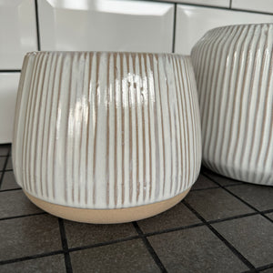 White Ribbed Ceramic Planting Pot with Natural Finish - Small H13cm and Large H16cm