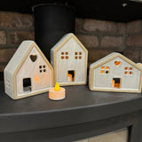 Natural Glazed Ceramic House with LED T-Light Candle Available in 3 sizes; Small 10cm, Medium 12.5cm & Large 15cm