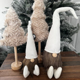 Scandinavian-inspired Christmas Gonks; Winter white corduroy long hat and feet with a faux fur beard and a smooth wooden peg nose.
Available in two sizes - Small 35cm and Large 50cm