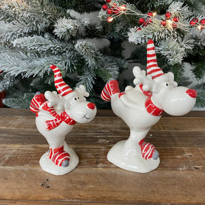 Christmas Ceramic Red & White Skating Reindeers - Available in 2 sizes; Small 12cm & Large 15cm
