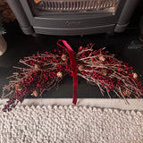 Festive hanging decoration with deep red &amp; burgundy berries with natural twigs &amp; pinecones and matching velvet ribbon bows 60cm