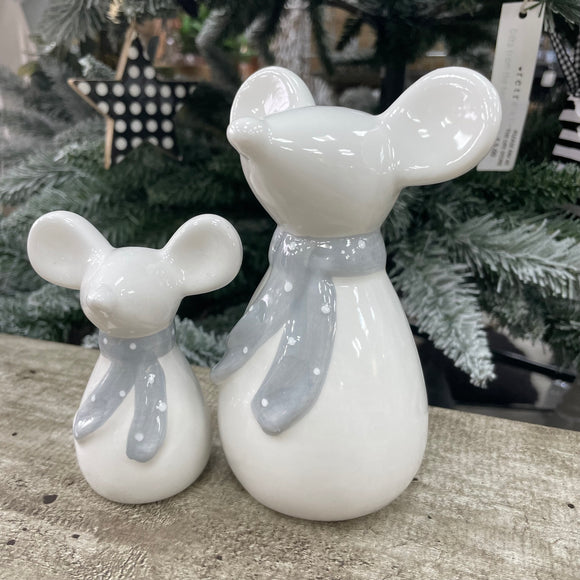 Christmas Ceramic Standing Mouse with Grey Scarf - Available in 2 sizes; 10cm & 14cm