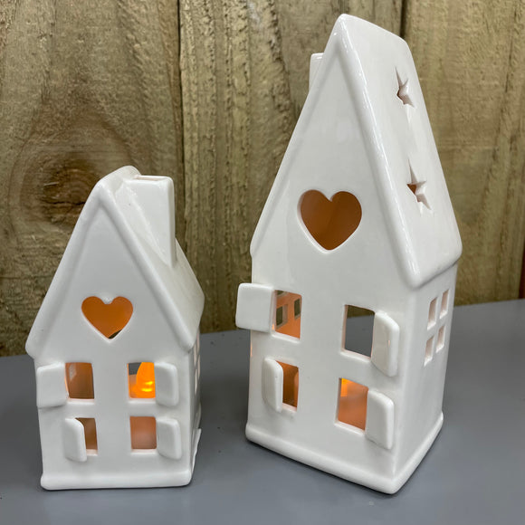White Ceramic House T-Light Holder with heart detail, LED T-light included available in 2 sizes