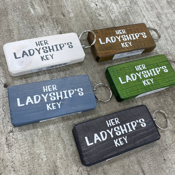 Made in the UK by Giggle Gift Co. Wooden block keyring 10cm with white text quote on both sides; 'Her Ladyship's Key' 