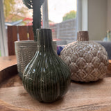 Small Glazed Deep Olive textured ceramic ribbed Bud Vase H15cm