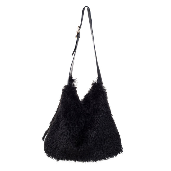 Faux Fur Bag with leather detail & strap - Ebony Black
