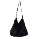 Faux Fur Bag with leather detail & strap - Ebony Black