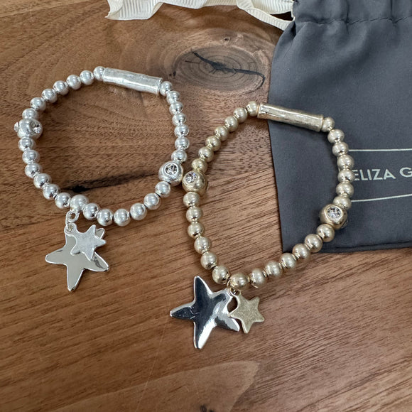 Eliza Gracious quality affordable design led branded costume jewellery 

Stretch ball bead bracelet with twin star charms & bar
Available in Matt Burnished Silver & Pale Gold  EB0404