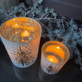 Frosted Glass Candle Holders with Tree & Wintry scene  - 2 sizes