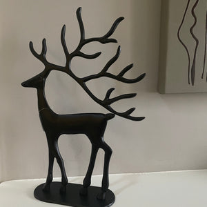 Elegant Black Metal Reindeer with large antlers on Stand Available in 2 sizes; Small H33cm & Large H39cm