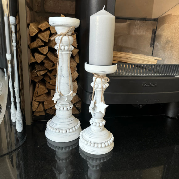 Whitewashed Wooden Beaded Candlestick Holder- Small