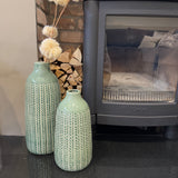 Tall Green Glazed Vase with a cable knit pattern style
Available in two sizes; Small H28.5cm &amp; Large H37.5cm&nbsp;