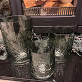 Green Glass Candle Holders featuring embossed Christmas tree around the exterior
Available in 3 sizes - Small 13.5cm, Medium 16.5cm &amp; Large 22cm