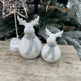 White Ceramic Plump Reindeers with Grey Scarf - 2 sizes small 11cm & large 14cm