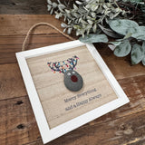 Small wooden hanging pebble sign 13cm with raised textured pebble rudolph with a painted red nose and colourful lights hanging from antlers&nbsp;
Quote - 'Merry Everything and a Happy Always'&nbsp;