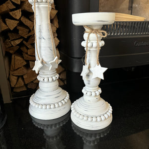 Whitewashed Wooden Beaded Candlestick Holder