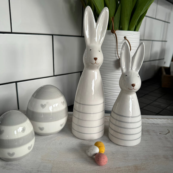 White Ceramic Striped Tall Slim Standing Rabbits Available in 2 sizes - Small 15cm & Large 20cm
