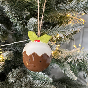 Fun Christmas ceramic Hanging Decoration - Christmas pudding with smiling face 5.9cm&nbsp;
