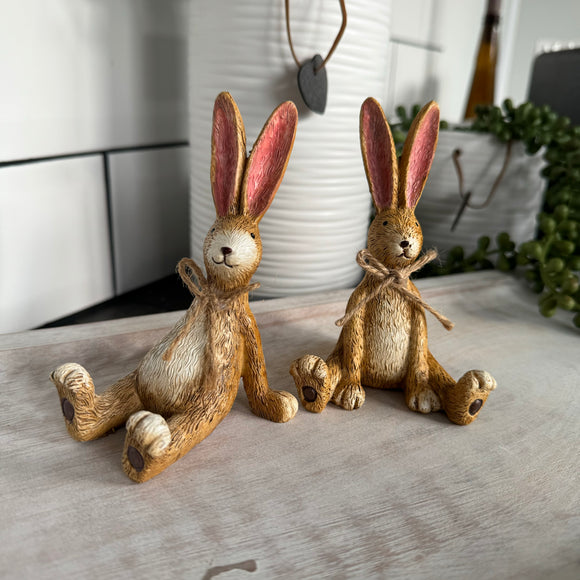 Sitting Ruth Rabbit Figure 11cm with Jute String Bow Available in 2 styles - Sitting up & Laid back 