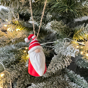 Christmas Ceramic Hanging 7cm Decoration - Santa with a Red body, red &amp; white stripped scarf and a long white beard &amp; button nose&nbsp;