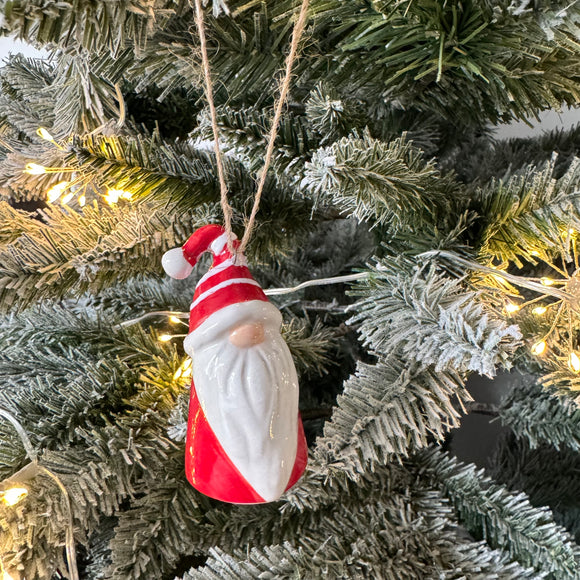 Christmas Ceramic Hanging 7cm Decoration - Santa with a Red body, red & white stripped scarf and a long white beard & button nose 