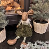 Shelf sitting plush charming Margaret Mouse with dangly green &amp; white striped legs and moss green ruffled skirt 48cm