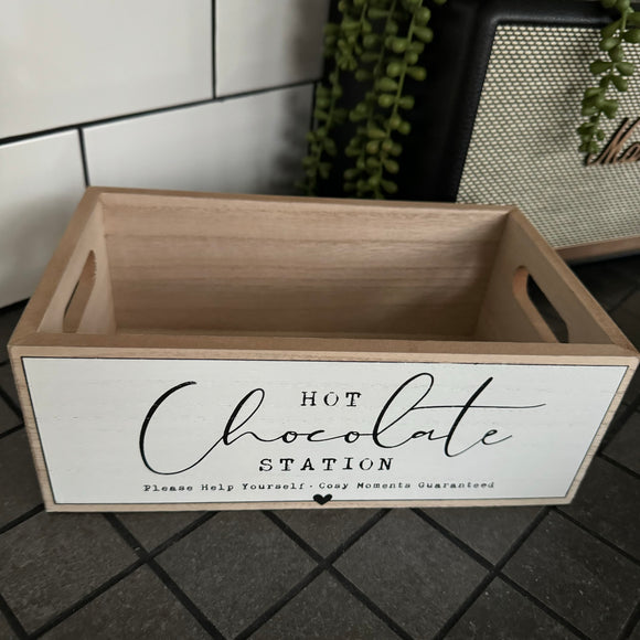 Wooden Rectangular Box L24cm with holes to carry easily 
Front has a painted white front with the quote;
Hot Chocolate Station - Please help yourself. Cosy moments guaranteed