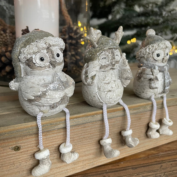 Christmas Owl Shelf Sitter - White & Grey