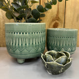 Green Patterned Ceramic Raised Indoor Planting Pots
Available in 2 sizes; Small H12.5cm &amp; Large H14.5cm