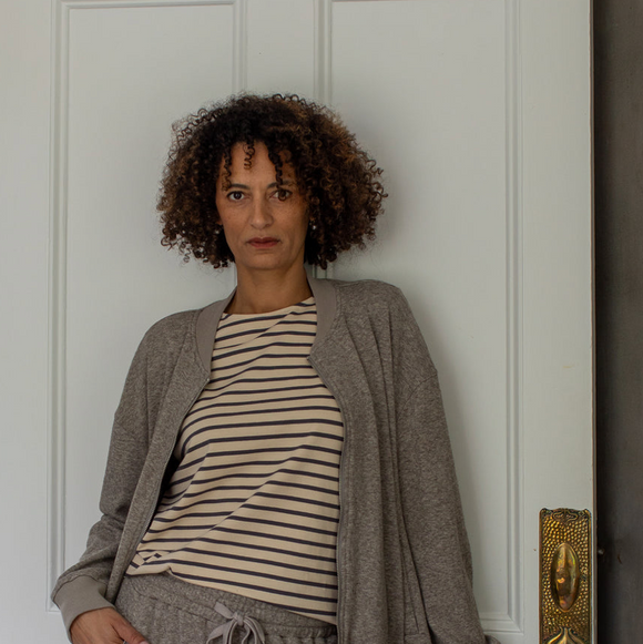 Chalk - Fleur Stripe long sleeved Fitted T-shirt 
Colour - Grey/Cream