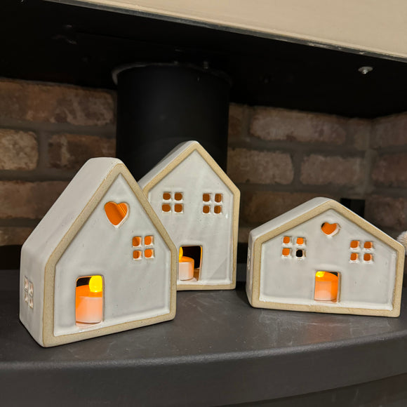 Natural Glazed Ceramic House with LED T-Light Candle Available in 3 sizes; Small 10cm, Medium 12.5cm & Large 15cm