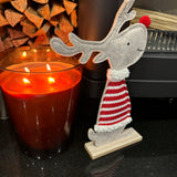 Felt Reindeer H30cm wearing a Red &amp; White striped glitter jumper and button red nose&nbsp;