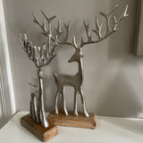 Brushed Silver Reindeer on Wooden Base - 2 sizes