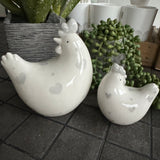 Porcelain White Glazed Chickens with Grey Heart Detail - Small 8cm & Large 12cm