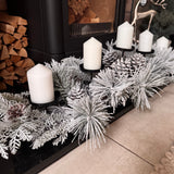 Statement Frosted pine &amp; pinecones&nbsp;with 5 flat pillar candle plates L100cm&nbsp;