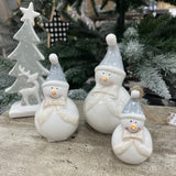 Christmas Ceramic Snowman with Bow & Grey Hat Available in 2 sizes; Small 10cm & Large 12.5cm