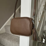 Faux Leather Cross Body Bag with Tassel - Dark Taupe