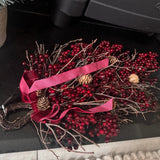 Festive hanging door hanger 42cm with deep red &amp; burgundy berries with natural twigs &amp; pinecones and matching velvet ribbon bows