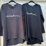 Chalk - Charcoal Robyn Top with text 'Weekend'