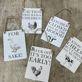 Mini Metal Hanging Sign - Cluck off! Its too early!