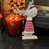 Felt Reindeer H30cm wearing a Red &amp; White striped glitter jumper and button red nose&nbsp;