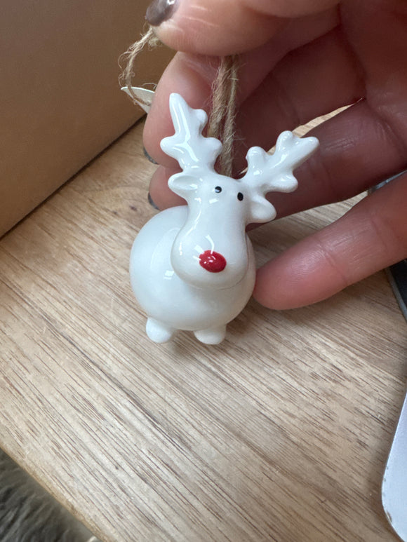 Ceramic small White fat reindeer Hanging Ornament