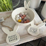 Ceramic Hanging Bunny with Large Ears 9 x 8.5cm Choose from 2 adorable quotes: "Mummy's Little Bunny"  "Follow the bunny, he has chocolate" 