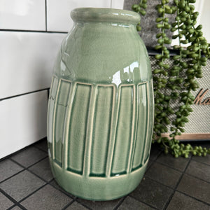 Green Gloss Ceramic Vases decorated with light green effect; Available in 2 styles - Vertical ribbed stripes H15.5cm & Geometric pattern H25.5cm