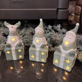 Ceramic White & Green LED Present - Snowman, Santa & Reindeer
